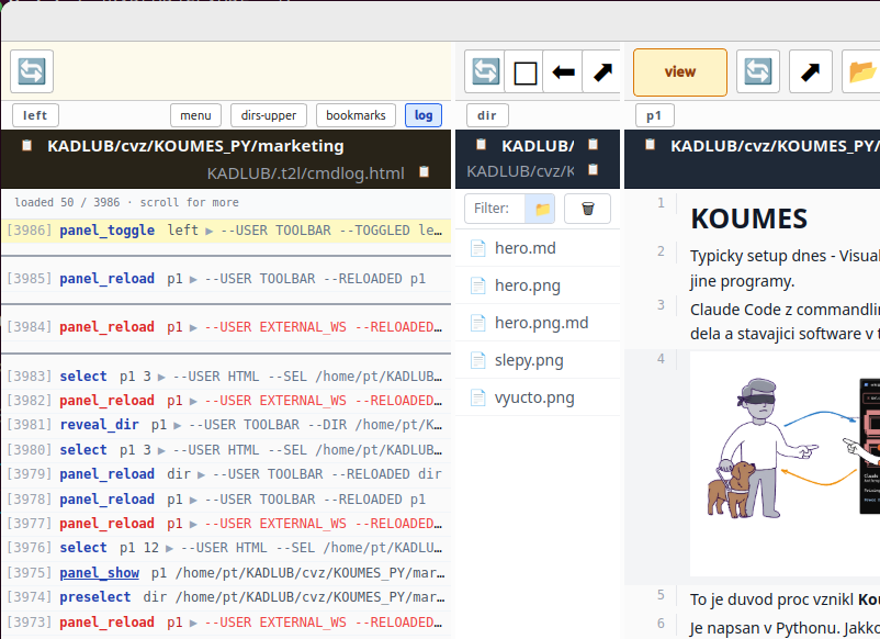 Screenshot of koumes showing that the same command is executed by the user in the UI and by Claude over WebSocket.