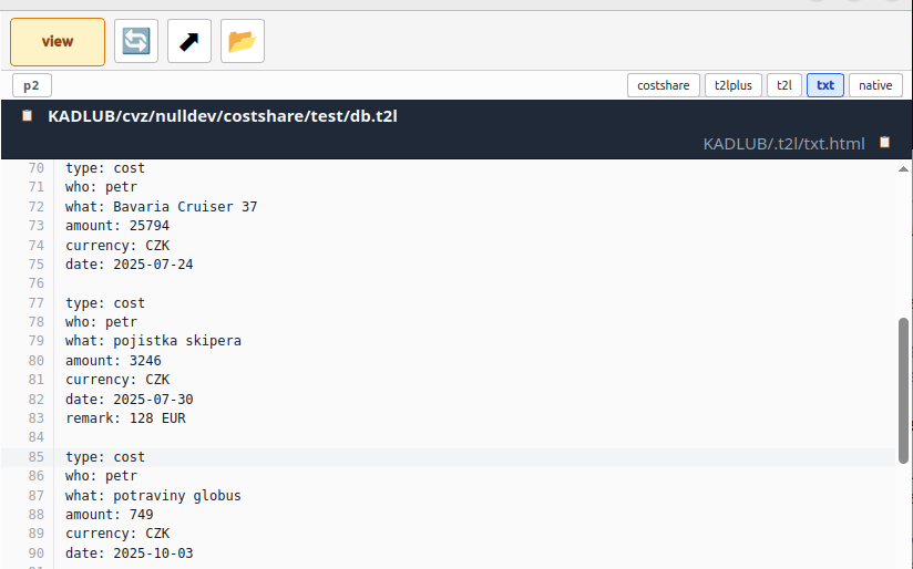 The same file db.t2l switched to the txt viewer - plain text, one record over several lines: type, who, what, amount, currency, date.