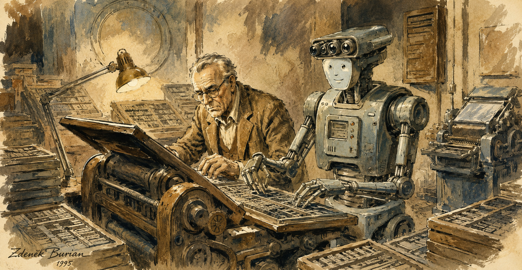 Illustration of the robot Koumes from Asimov's story - metaphor for the application that reads foreign content and returns it corrected.