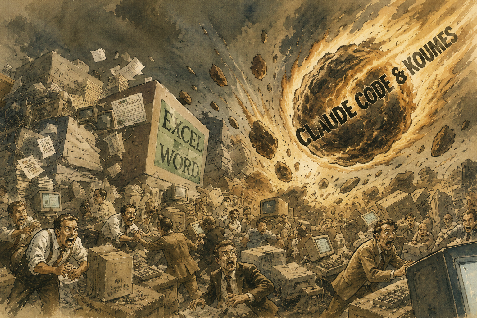 A meteor impacting - metaphor for the paradigm shift brought by Claude Code / AI agents.